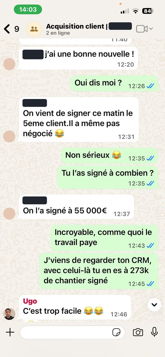 55 000 € signé, 5e client signé, 273 k€ de chantiers au total